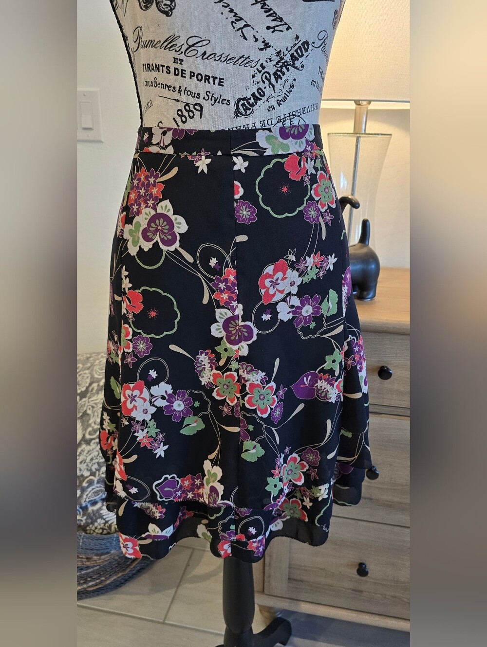 LOFT Black A-Line Skirt with Pink, Purple and Green Floral Motif